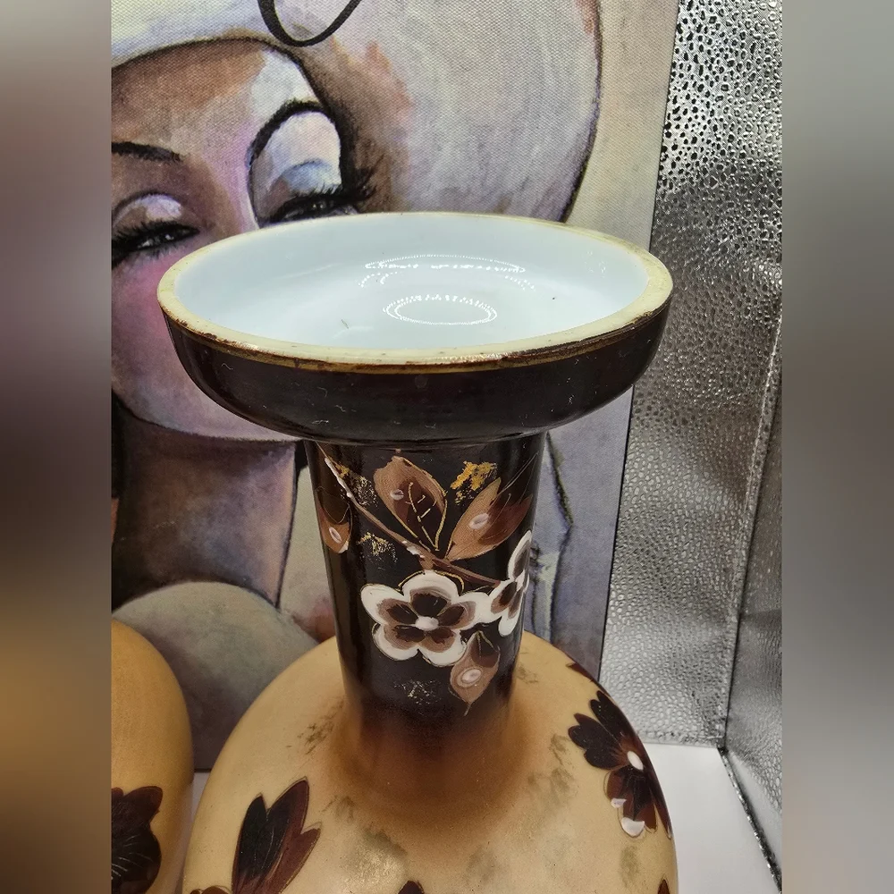 Antique Victorian Tan & Brown Floral Opaline Bristol Glass Pair of Vases